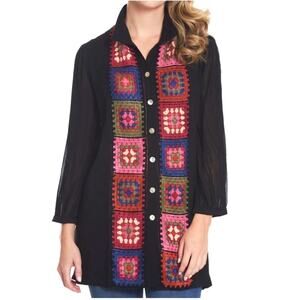 NWOT John Mark Woven Floral Crochet Wire Collar Long Sleeve Button Front Tunic L